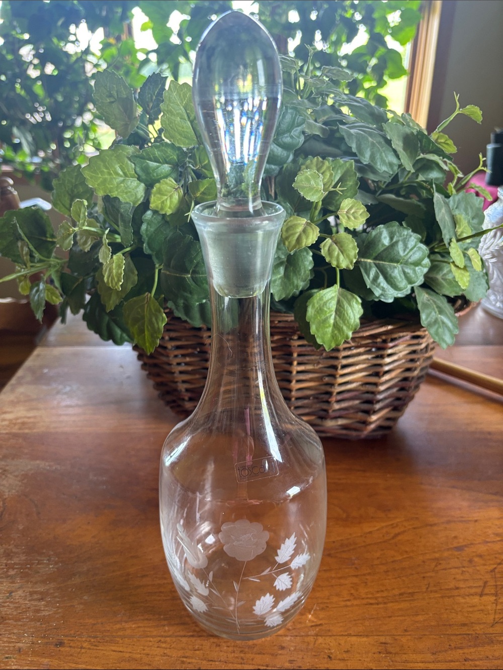 Vintage Tuscany Handmade in Romania Etched Roses Glass Decanter with Stopper